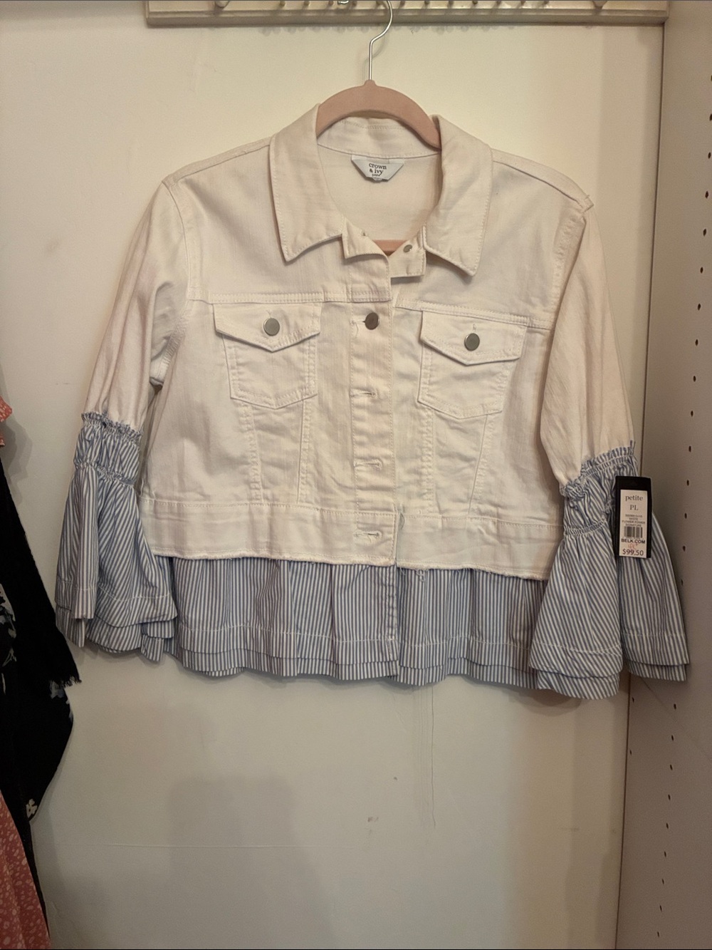 crown & ivy White Denim Jacket with Blue-Striped Ruffle Hem
